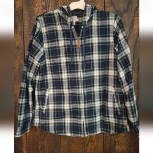 LL Bean Y2k Scotch Plaid Flannel Shirt Jacket Shacket Womens M Relaxed Fit  Zip